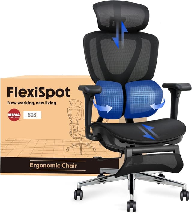 Detalle de FLEXISPOT Sedia ergonomica da ufficio con supporto lombare Dual-Wing, poggiatesta 3D e poggiapiedi estraibile (Nero)