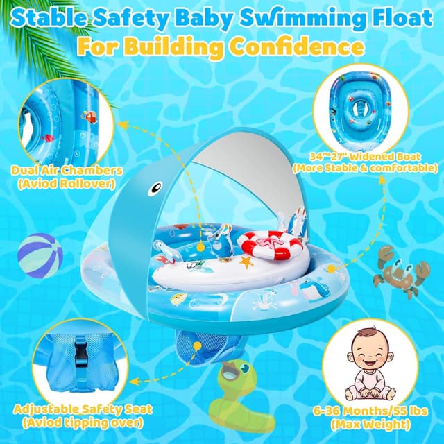 Detalle de ACELlFE Baby Swimming Float with Canopy UPF 50+ and Adjustable Safety Seat (3–36 months)