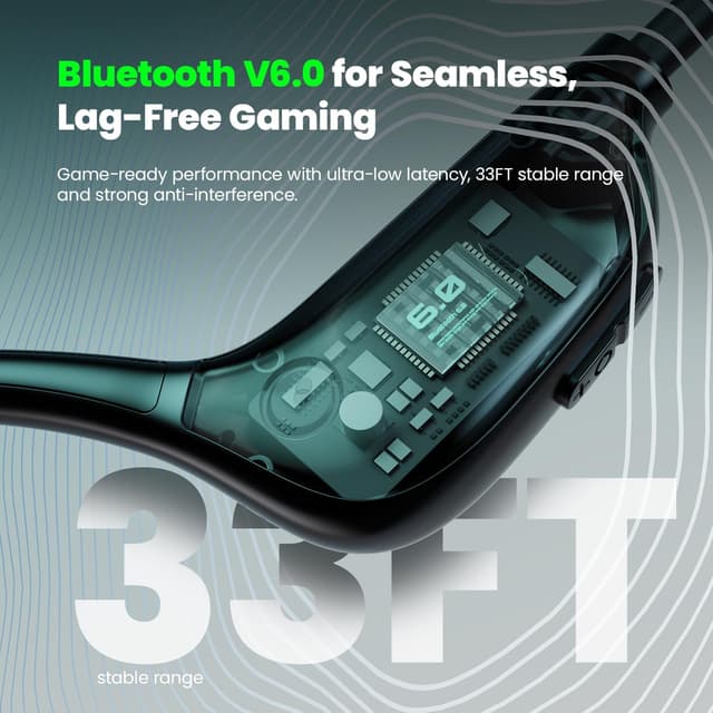 Detalle de Pupabiflor Bone Conduction Headphones (Obsidian Black) — Bluetooth V6.0 Open-Ear Sport Earbuds with Mic