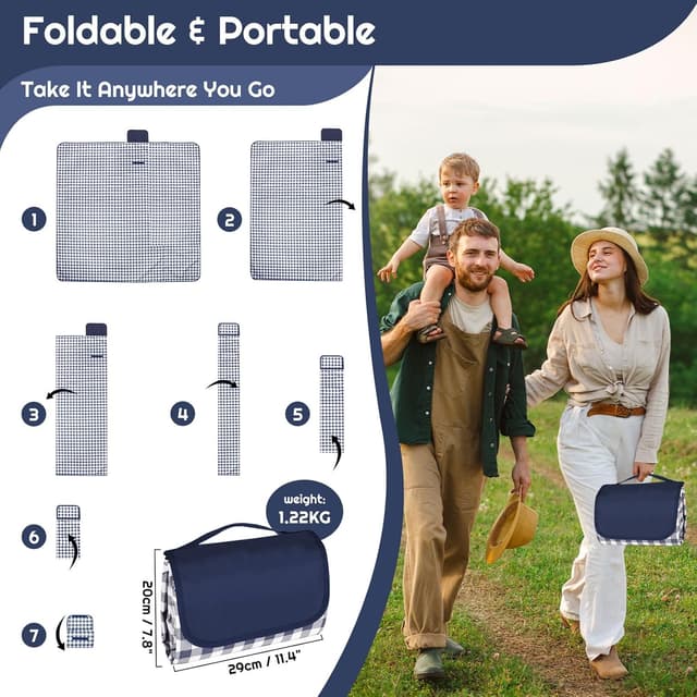 Detalle de Maidyna Picnic Blanket Waterproof 200 x 200 cm (Blue) – sandproof picnic mat with carry handle