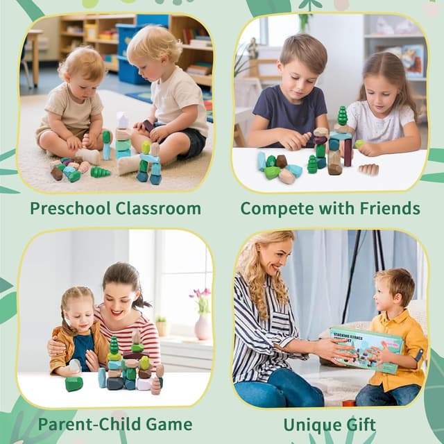 Detalle de YHHYTOY 40-Piece Wooden Stacking Rocks Building Blocks (Forest Theme) for Montessori Learning