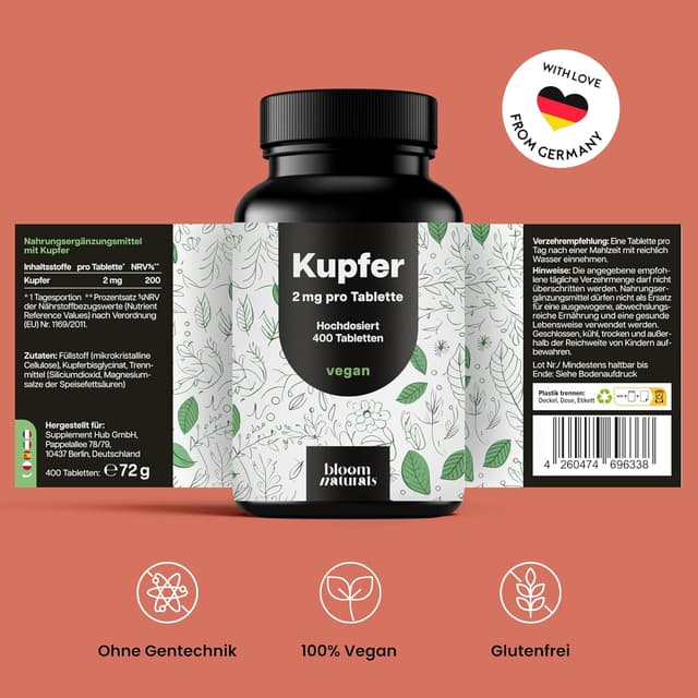 Thumbnail 6 de Kupfer Tabletten (400 Stück) mit 2 mg Kupfer aus Kupferbisglycinat – vegan, hergestellt in Deutschland