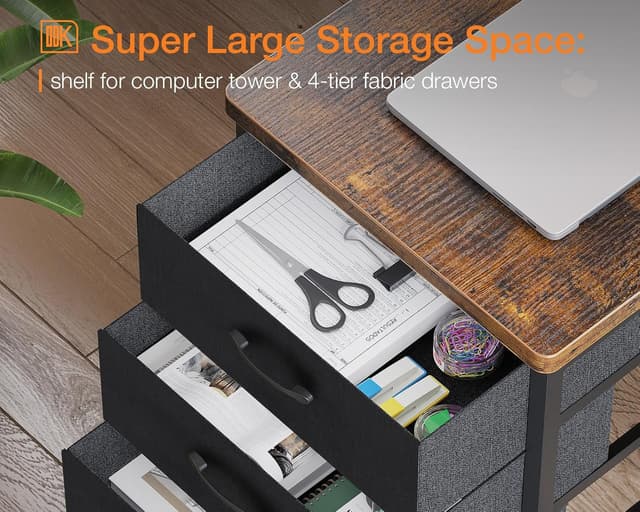 Detalle de ODK Corner Desk with Drawers (L-Shaped) 140x80cm, USB Charging Ports & Power Outlets, Rustic Brown