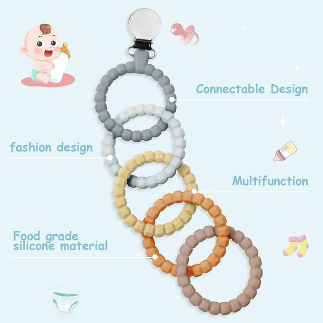 Detalle de Vicloon Dentizione Neonati: set da 5 anelli massaggiagengive in silicone con clip per ciuccio