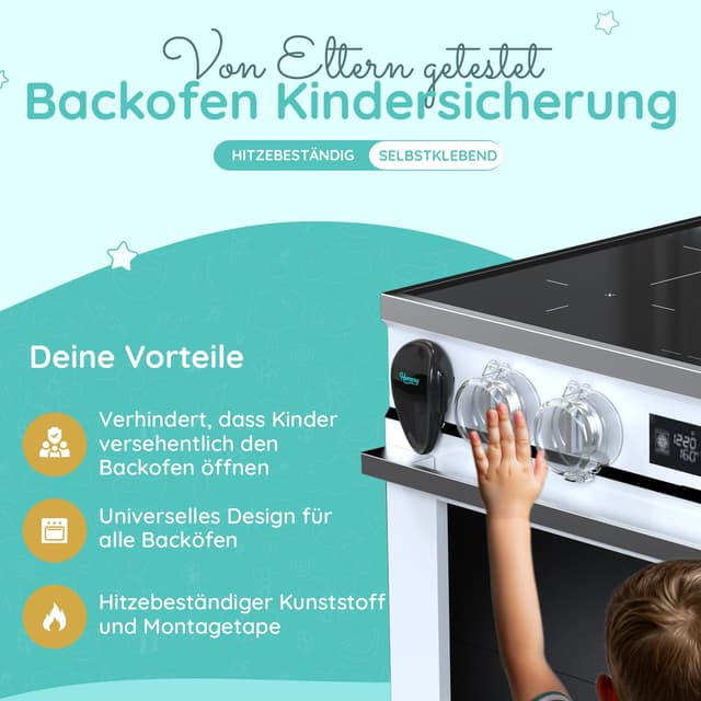 Detalle 2 de Backofen Kindersicherung (2 Stück) – hitzebeständige Herdschutz-Sicherung zum Kleben, rückstandslos entfernbar