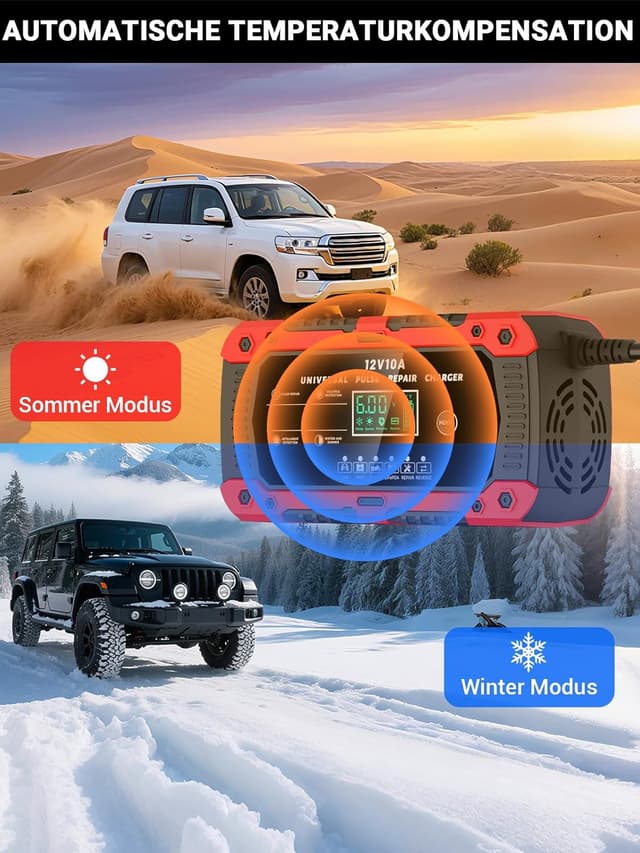 Detalle de Autobatterie-Ladegerät 12V 10A mit LCD, Temperaturkompensation & Rekonditionierungsmodus