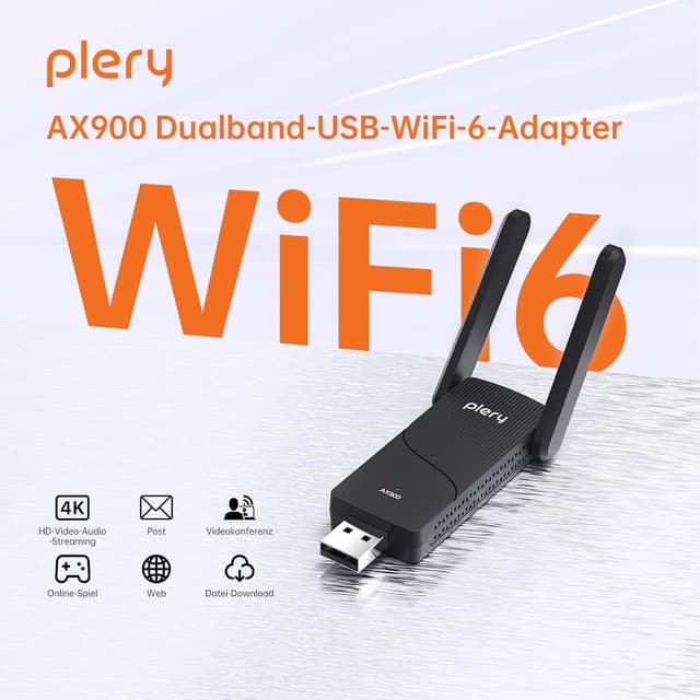 Detalle de PLERY 2-in-1 WLAN-Stick für PC (WiFi 6 AX900 + Bluetooth 5.3) USB-Adapter, Dualband 2,4/5 GHz, WPA3, mit 2x 6dBi-Antennen