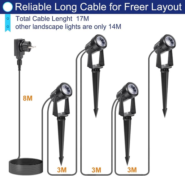Detalle de NIORSUN LED-Gartenstrahler mit 17-m-Kabel, Warmweiß 3000K und IP67 (4er-Set) für Bäume & Hof