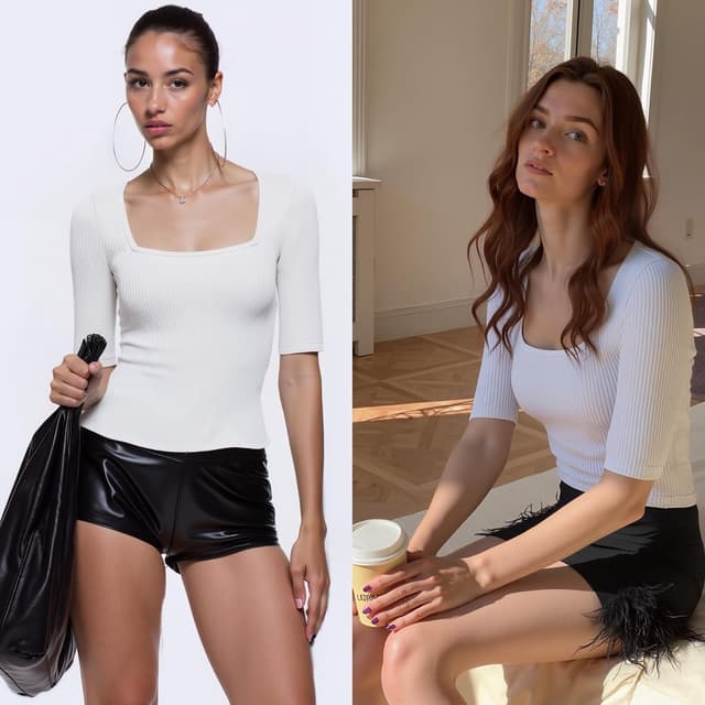 Detalle 2 de WOWENY Damen Slim Fit T-Shirt mit Rippstrick