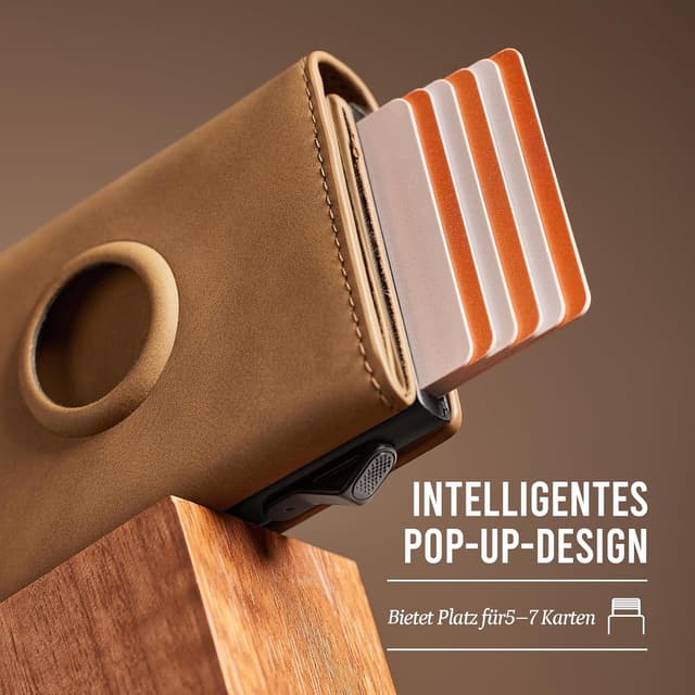 Detalle de YESIIW Airtag Wallet – Pop-up Geldbörse für Herren mit AirTag-Hülle, RFID-Schutz (Braun)