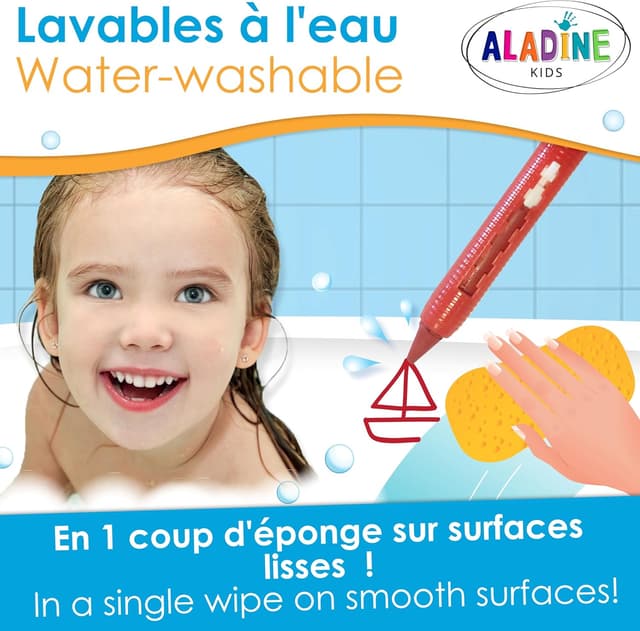 Detalle 2 de Aladine Malstifte für die Badewanne (10 Farben) – abwaschbare Bademalstifte für Kinder