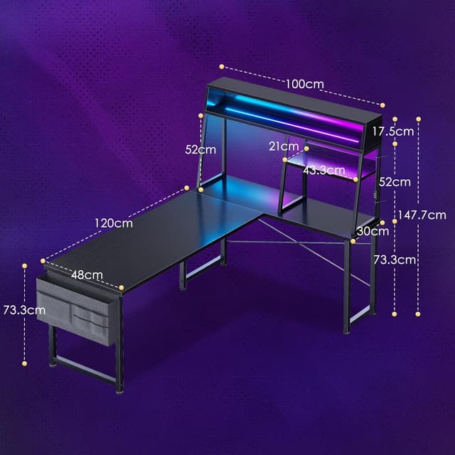 Detalle de Coleshome Scrivania Gaming con LED RGB e angolo reversibile 150x100 cm, nera