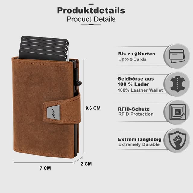 Detalle de Marc Peter Herren-Geldbörse aus Leder mit Münzfach & RFID-Schutz – Slim Pop-up Kartenetui für 9–11 Karten