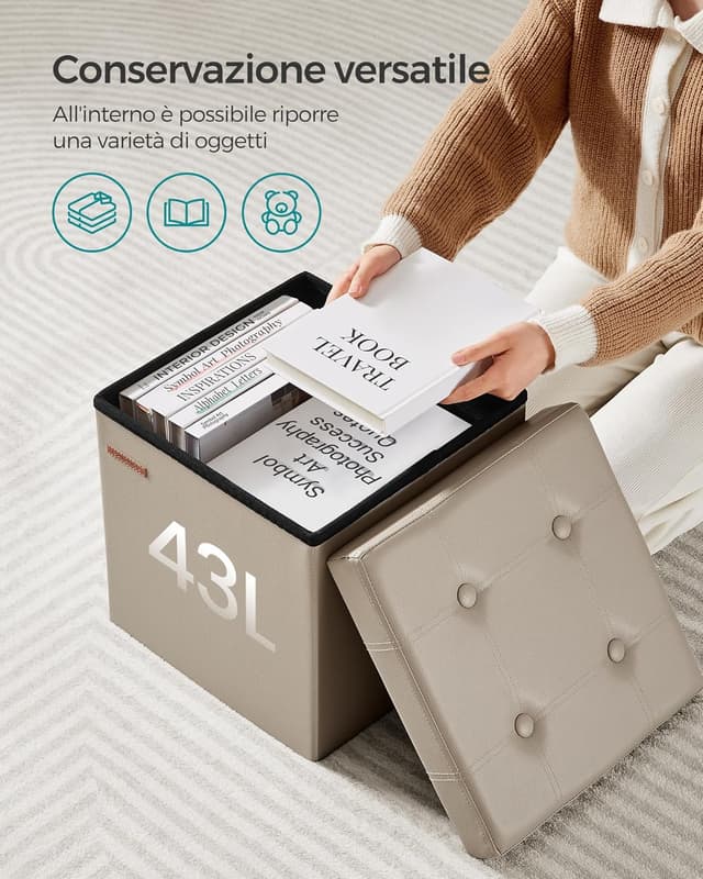 Detalle de SONGMICS Puof contenitore pieghevole LSF030K13 da 38 cm (cassapanca/poggiapiedi) in PU, portata 300 kg