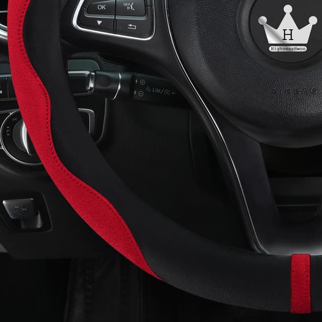 Detalle de HighnessHwoo Luxuriöser Suede Auto Lenkradbezug – Komfort-Lenkradabdeckung in Rot, für 37–38 cm