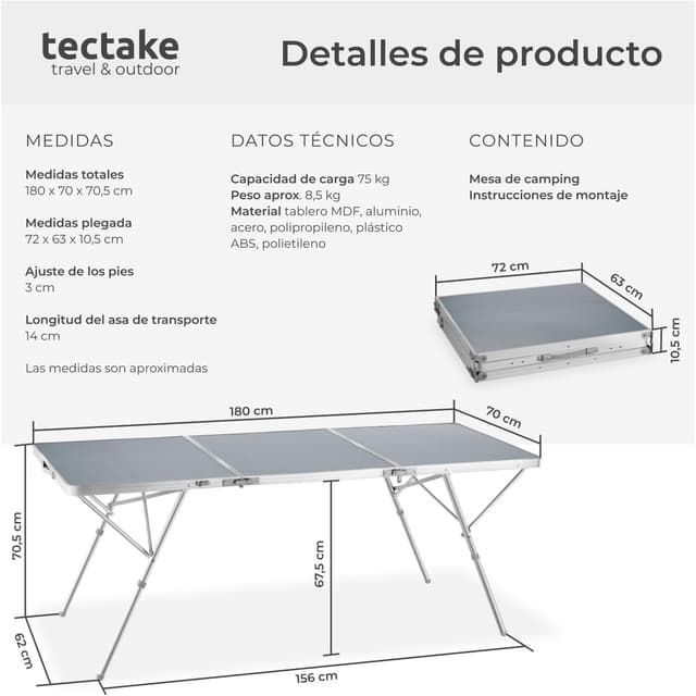Thumbnail 2 de tectake Mesa Plegable Aluminio 180x70x70 cm