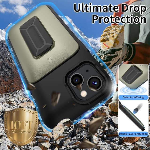 Detalle de Gritup iPhone 13 Gold phone case with sliding card slot, kickstand and 2 HD screen protectors