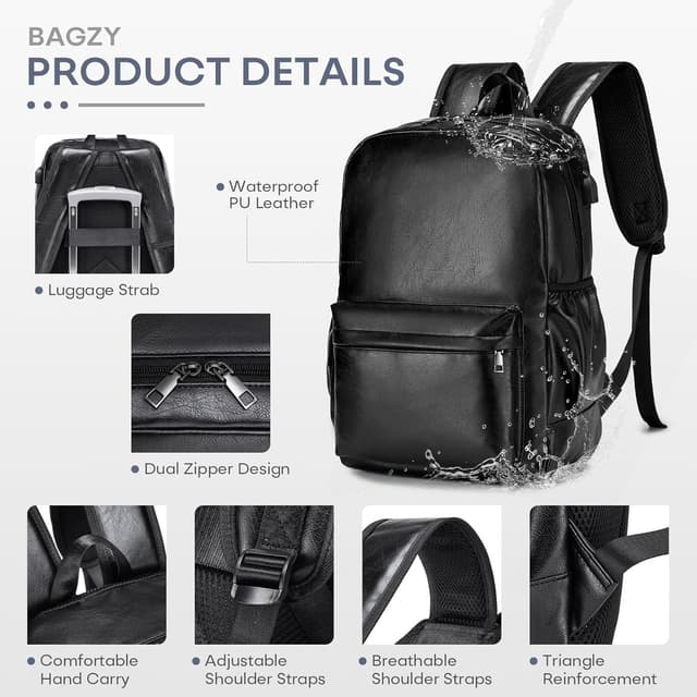 Detalle de BAGZY Laptop Backpack for Men (15.6-inch) Waterproof Travel Bag with USB Port, 40x30x15 cm