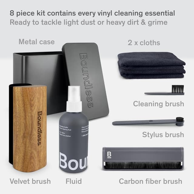 Detalle de Boundless Audio Vinyl Record Cleaning Kit (8-in-1) with Carbon Fiber & Velvet Brushes, Stylus Cleaner & Storage Case