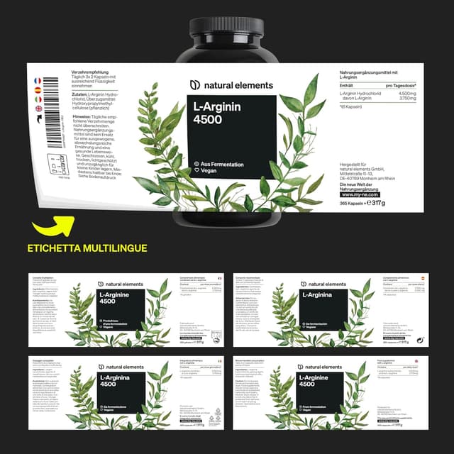 Detalle de L-Arginina 365 capsule vegane da 4.500 mg (L-arginina HCl vegetale) – alto dosaggio