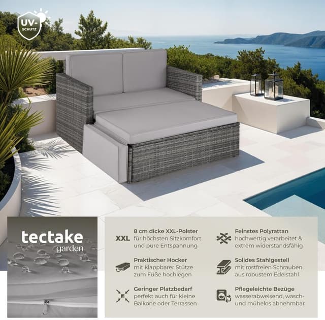 Detalle 2 de tectake Sofa Set: 2-Sitzer Couch mit Hocker, Schlaffunktion und wetterfestem Polyrattan für Outdoor