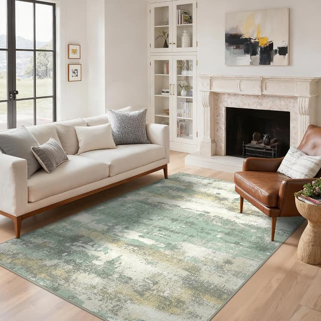 Detalle de Tapis lavable BEIMO à poil court effet abstrait, vert, 120x170 cm