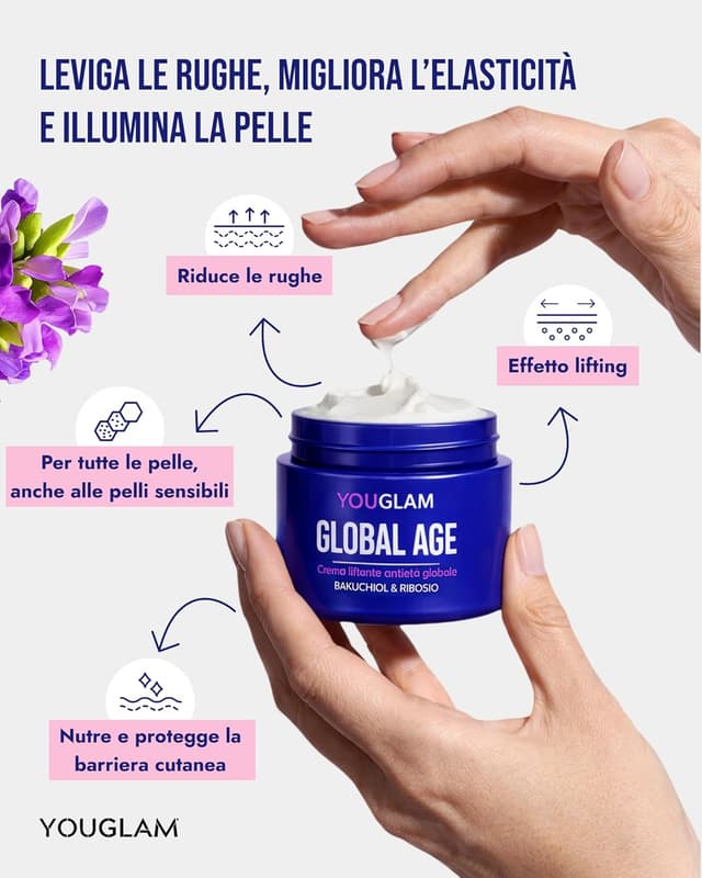 Detalle de YOUGLAM Global Age Crema Viso Antirughe Donna con bakuchiol, acido ialuronico e ribosio – 50 ml