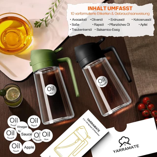 Detalle de YARRAMATE 2-in-1 Ölsprüher für Speiseöl (470 ml), lebensmittelecht – zum Sprühen oder Ausgießen