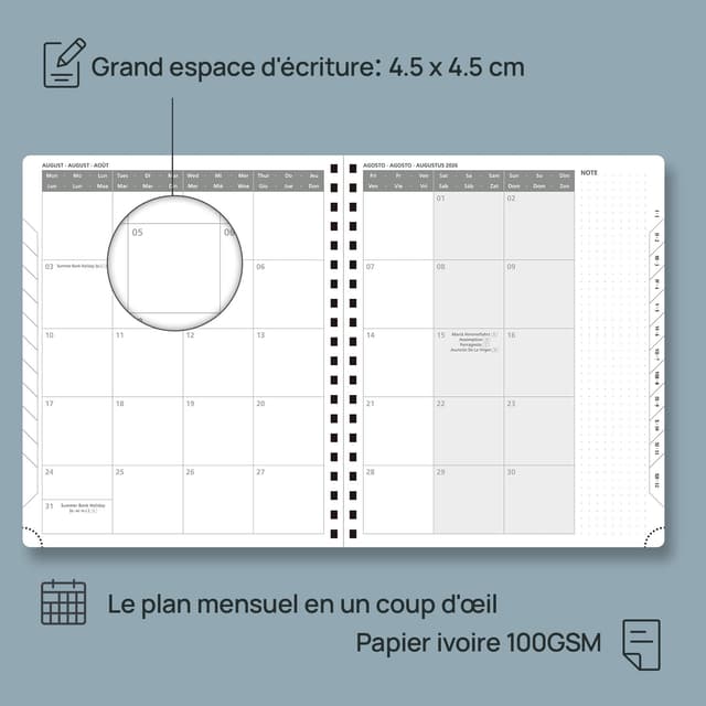 Detalle de POPRUN Agenda 2026 semainier vertical 26,5 x 21,5 cm en couverture souple PU (pourpre) + règle signet