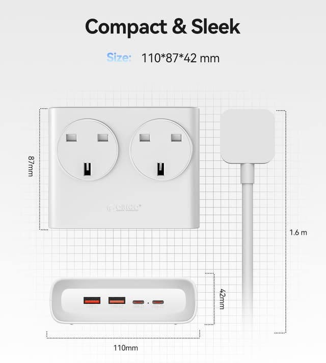 Thumbnail 6 de ORICO PD 20W Desktop Extension Lead with USB Slots (2 USB-C + 2 USB-A) – 1.6m White