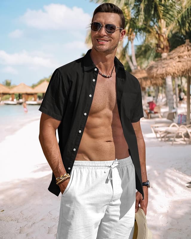 Detalle de J.VER Leinenhemd Herren (Kurzarm) – Sommer-Casual Regular Fit mit Baumwolle-Leinen