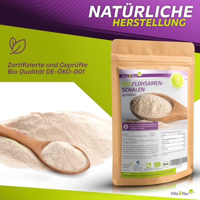 Detalle de Vita2You Bio Flohsamenschalen gemahlen (99% Reinheit) – 1 kg, ideal zum Backen