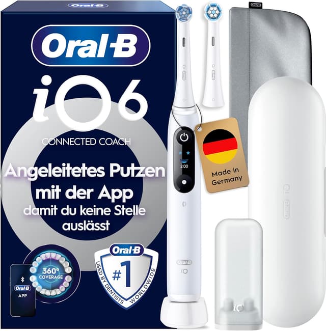 Detalle de Oral-B iO Series 6 elektrische Zahnbürste (weiß) inkl. 2 Aufsteckbürsten, Reise-Etui – 5 Putzmodi