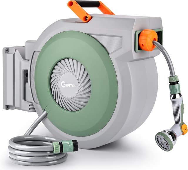 Detalle de Bietor Retractable Garden Hose Reel 38m + 2m (Wall Mounted) with Auto Rewind, Auto Lock and 10-Mode Nozzle