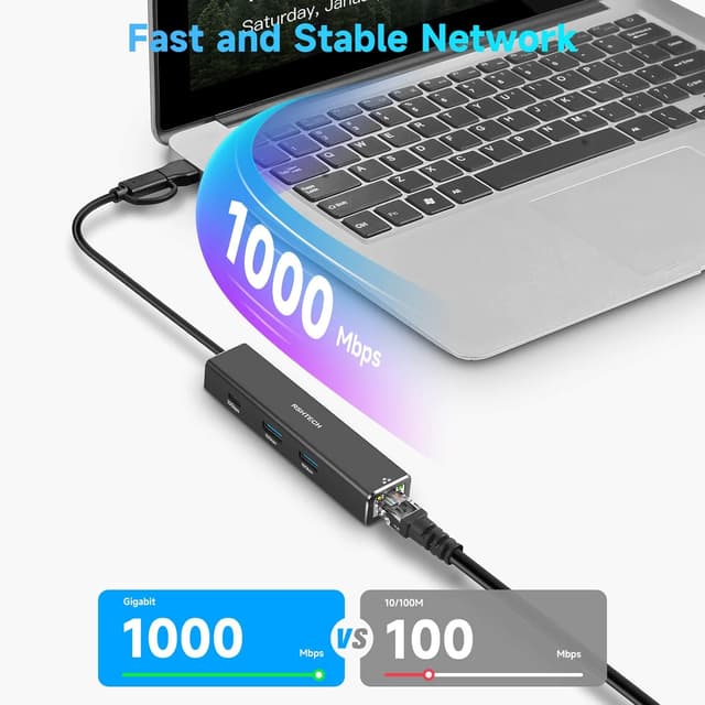 Detalle de RSHTECH USB-C Hub with Ethernet Adapter 4‑Port USB 3.2 Data Hub