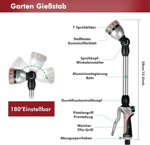 Detalle de RESTMO Garten-Gießstab aus Metall (42 cm) mit schwenkbarem Kopf und 7 Sprühbildern