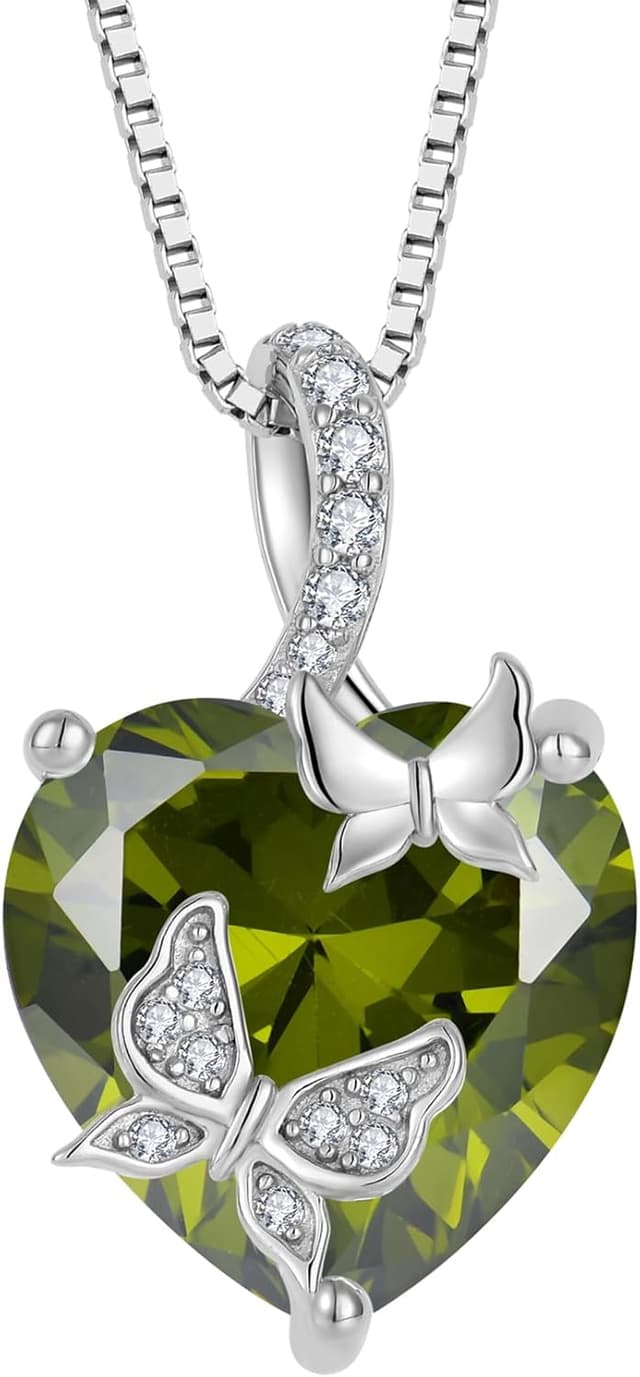 Detalle de FJ Schmetterling Damenkette aus 925 Sterling Silber mit Herz und Geburtsstein – Anhänger-Halskette im Geschenk-Set