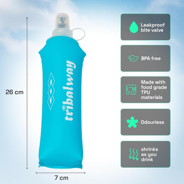 Detalle de Tribalway 2 x 500ml Soft Flask water bottles (collapsible, leakproof, BPA-free) – Blue