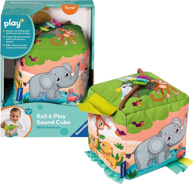 Detalle de Ravensburger Play+ Roll & Play Sound Cube with Wild Animals (6 months+) sensory baby toy