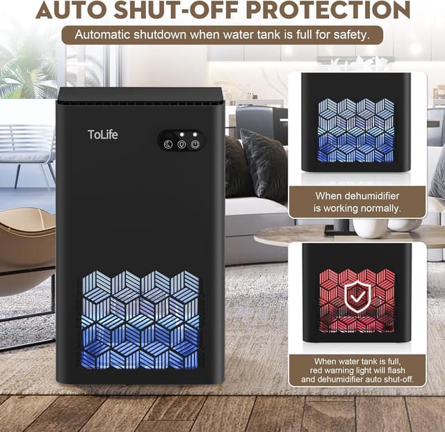 Detalle de ToLife Home Dehumidifier (1000 sq.ft) with 95 oz Tank, Auto Shut Off & 7-Color LED, Black
