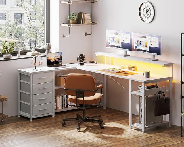 Detalle de ODK Corner Desk with Drawers (L-Shaped, Reversible) with LED Lights, Monitor Shelf & Power Outlets – White, 135×110 cm