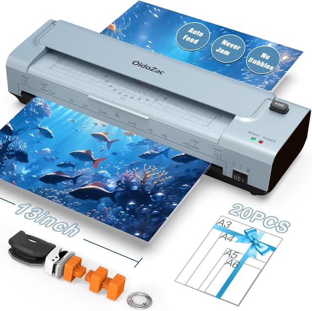 Detalle de 13 Inch Laminator Machine for A3/A4 with Hot & Cold, Anti-Jam, 20 Laminating Sheets and 10-in-1 Trimmer/Cutter
