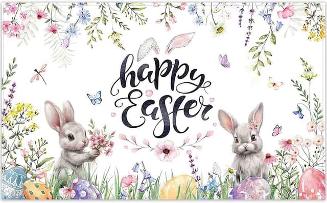 Detalle de Luminora 72x43inch Spring Happy Easter Photography Backdrop (Rabbit, Flowers & Colourful Eggs)