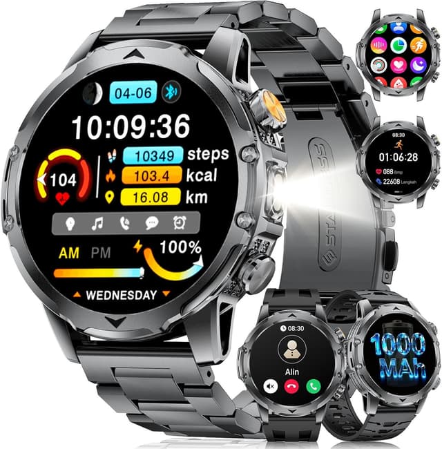Detalle de FitVigor EF23 : montre connectée homme avec écran HD 1,53", batterie 1000 mAh, 3 bracelets et lampe LED