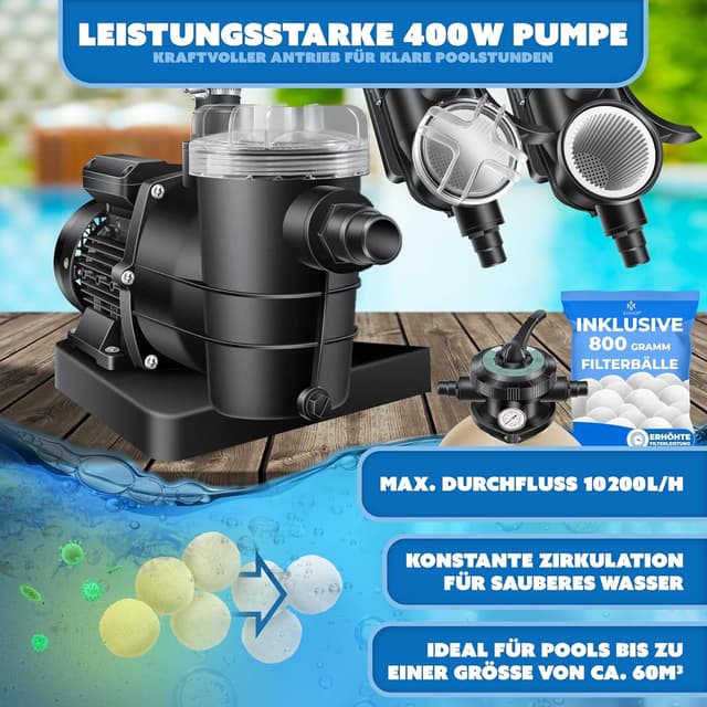 Detalle de KESSER Sandfilteranlage für Pool bis 60.000 L – 10.200 L/h Pumpe, 400 W, 20-L-Tank, 7-Wege-Ventil