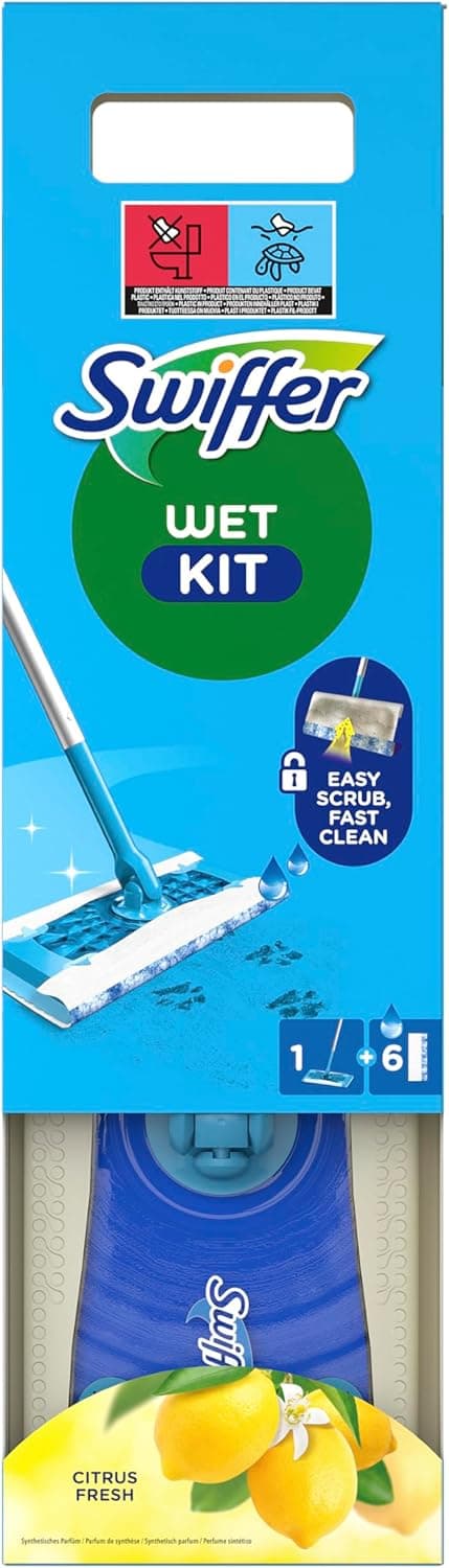 Detalle de Swiffer Bodenwischer Wet Mop Starter-Set für Böden mit Schrubbwirkung (1 Wischer + 6 feuchte Bodentücher)
