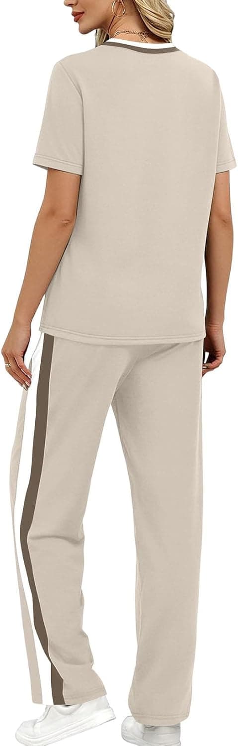 Detalle de WIHOLL 2-Piece Lounge Set for Women: Matching Short-Sleeve Top & Wide-Leg Pants with Pockets