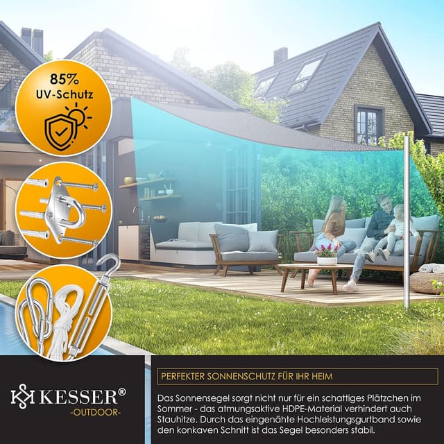 Detalle 2 de KESSER® Sonnensegel Sonnenschutz Windschutz aus HDPE-Gewebe, dreieckig 2,5 x 2,5 x 3,5 m (5-fach quer vernäht) grau