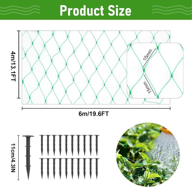 Detalle 2 de 4x6m Garden Netting Mesh – Bird Netting Kit with 20 Ground Pegs (11cm) for Veg Patches & Fruit