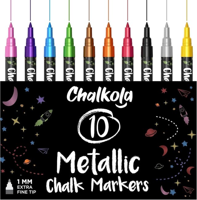Detalle de Extra Fine Tip Metallic Chalk Pens (10 Pack, 1mm) – Liquid Wet Wipe Markers for Blackboards, Windows & Menus